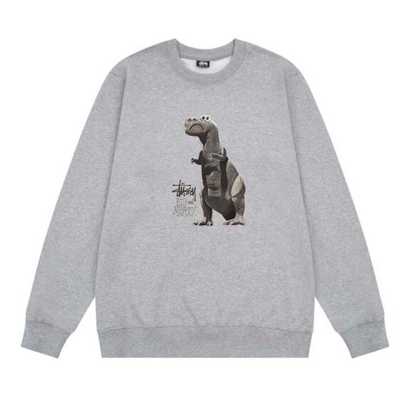 Men's Stussy Dinosaur Print Crew Neck Sweatshirt in Gray - Picture 1 of 7
